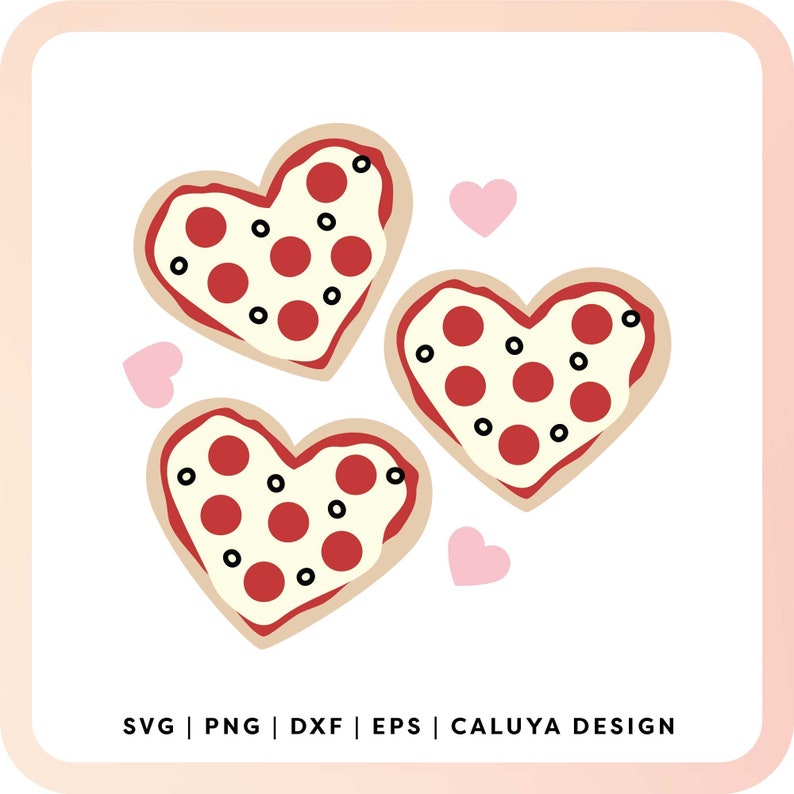 Puede incluir: Tres pizzas en forma de coraz&oacute;n con pepperoni rojo y aceitunas negras sobre un fondo blanco. El texto "SVG | PNG | DXF | EPS | CALUYA DESIGN" est&aacute; en la parte inferior de la imagen.