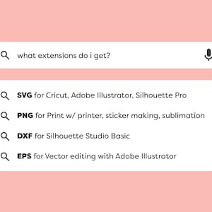 May include: A search bar with the text "what extensions do I get?" and a microphone icon. Below the search bar are four search results with magnifying glass icons and file extensions: SVG, PNG, DXF, and EPS. Each file extension is followed by a description of its use.