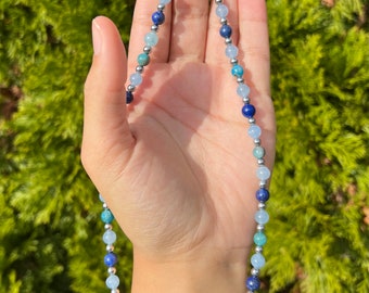 Aquamarine, Blue Apatite, Lapis Lazuli & Silver Hematite Necklace