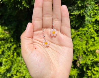 Rose Quartz & Yellow Jade Flower Earrings