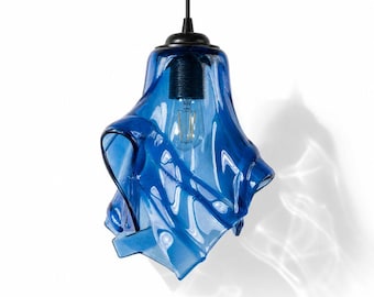Lampada a sospensione in vetro fuso blu: lampada a sospensione moderna fatta a mano