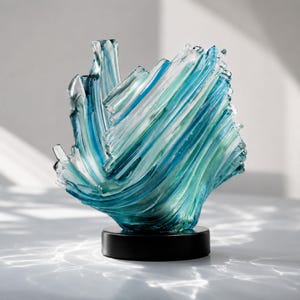 Peut inclure: Une sculpture décorative en verre avec un design tourbillonnant en forme de vague. La sculpture présente des nuances de bleu et de vert, montée sur une base circulaire noire. Le verre semble être stratifié et texturé.