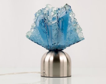 Sea Blue Fused Glass Table Lamp | Handmade Abstract Sculpture Lamp | Modern Artistic Lighting – Elegant Bedroom Light Accent – Special Gift