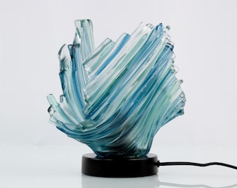 Handcrafted Aqua Blue Glass Table Lamp | Fused Glass Artistic Night Light | Modern Designer Desk Lamp – Abstract Home Decor – Special Gift