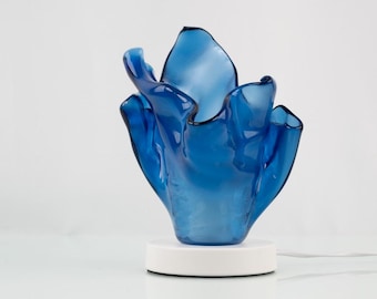 Handcrafted Blue Glass Table Lamp | Fused Glass Art Night Lamp | Modern Home Decor Lighting – Sculptural Designer Accent – Unique Gift