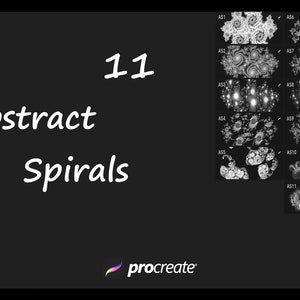 May include: A black and white image with the text "11 Abstract Spirals" and the word "procreate" in a colourful font. The image shows 11 different abstract spiral designs labelled AS1 through AS11.