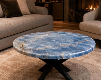 Runder Couchtisch aus blauem Onyx, Tisch aus natürlichem Kristall-Edelstein, moderne Flur- und Gartendekoration