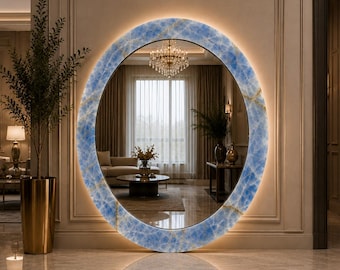 Runder, handgefertigter ovaler Spiegel aus blauem Onyxstein, ein luxuriöses Accessoire für Badezimmer und Wohnzimmer.