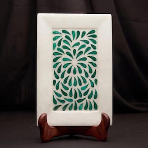White Marble Decorative Serving Tray with Malachite Stone Inlay – Handmade Luxury Snacks & Serving Platter | Elegant Dinner Table Decor