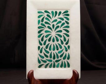 White Marble Decorative Serving Tray with Malachite Stone Inlay – Handmade Luxury Snacks & Serving Platter | Elegant Dinner Table Decor