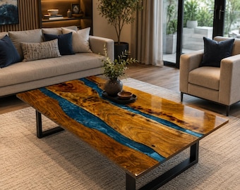 Ocean Wave Epoxy Resin Center Dining Table | Handmade Live Edge Wood Furniture | Modern River Table | Luxury Hallway & Living Room Decor