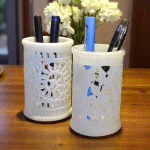 Handgesneden marmeren pennenhouder | Bureau-organizer | Kaarthouder | Make-upborstelhouder | Handgemaakt Indiaas handwerk | Cadeau kantoordecoratie
