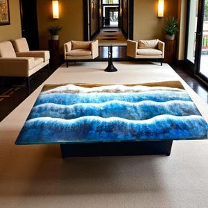 Live Edge Walnut & Blue Resin Coffee Table: Modern Ocean Wave Design