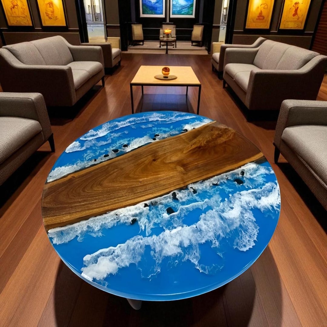 Ocean Wave Epoxy Resin Coffee Table: Live Edge Acacia Wood, Coastal ...