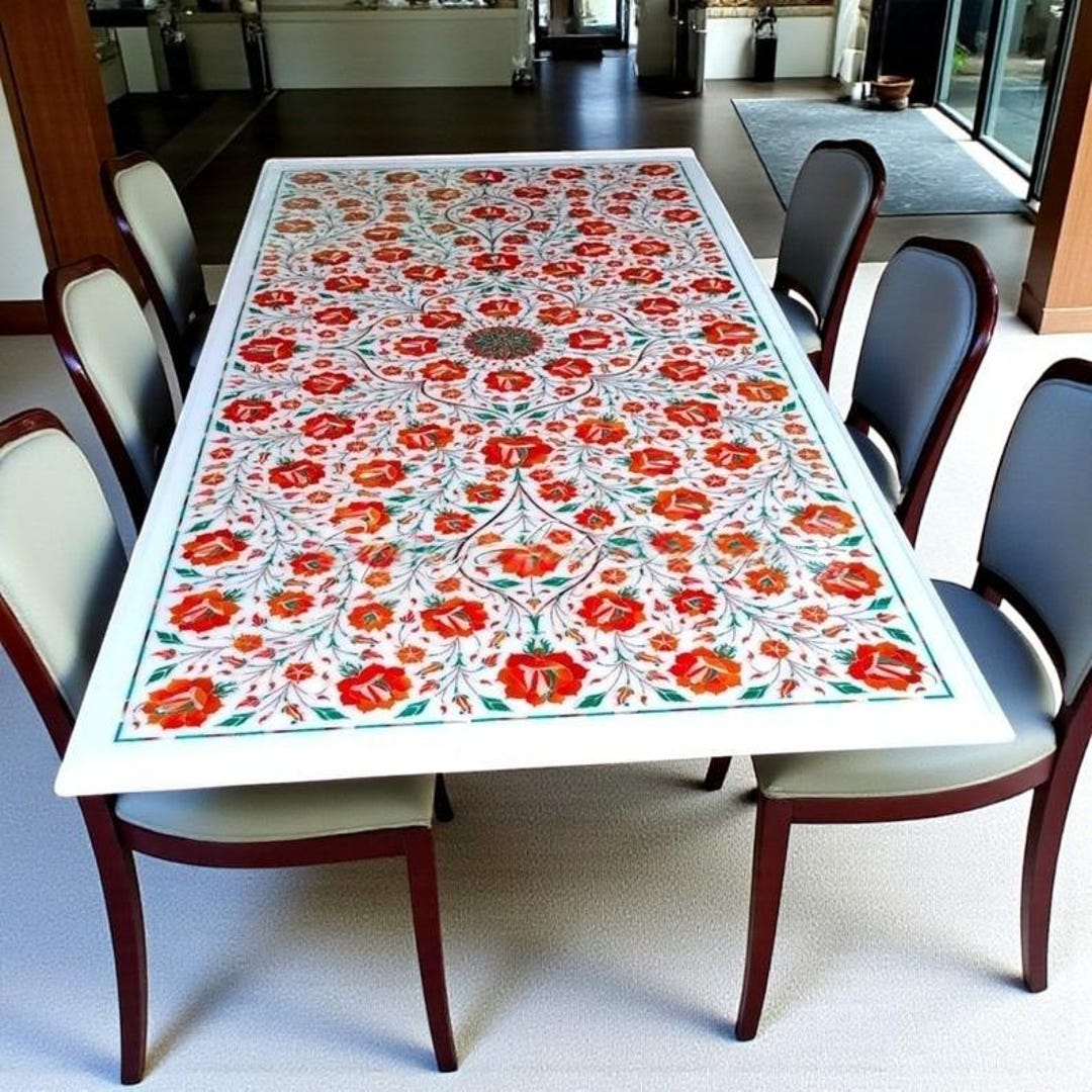 手作りの白い大理石の象嵌細工のダイニングテーブル：カーネリアンの花