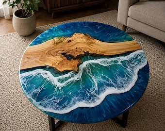 Epoxidharztisch mit Akazienholz-Baumkante, runder Couchtisch aus Epoxidharz