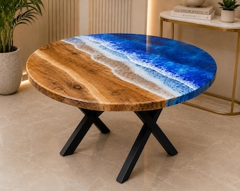 Ocean Wave Epoxy Resin Center Sofa Coffee Table Handmade Acacia Wood Live Edge Table Luxury Furniture Modern Living Room  Decor