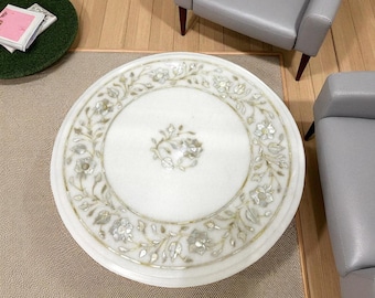 Handmade White Marble Inlay Coffee Table: Floral Pietra Dura Art