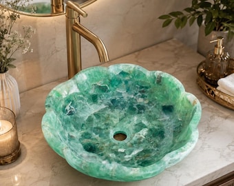 15-Zoll-Aufsatzwaschbecken aus Fluoritstein, handgefertigtes Kristall-Edelstein-Waschbecken aus natürlichem grünem Fluorit, luxuriöse Badezimmerdekoration