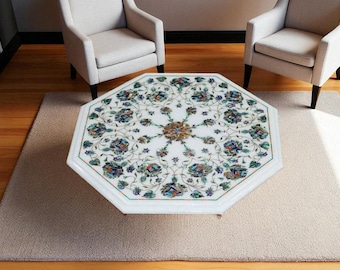 Handmade Octagon Marble Coffee Table Top: Floral Pietra Dura Inlay