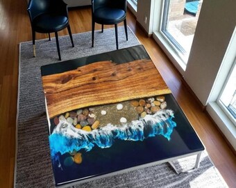 Epoxy Resin River Coffee Table: Live Edge Wood, Beach Sand & Pebbles
