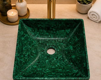 Square Malachite Vessel Sink | Luxury Green Gemstone Bathroom Basin | Natural Stone Vanity | Modern Bathroom Decor