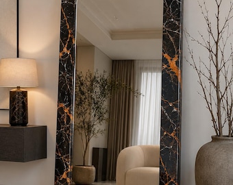 Black Orange Veining Marble Arched Floor Mirror Luxury Full Length Standing Modern Marble Frame Elegant Bedroom & Living Room Decor
