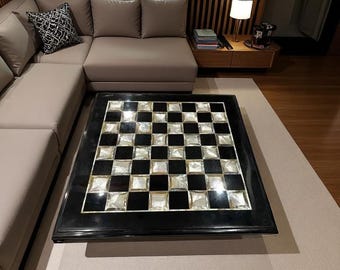 Handmade Black Marble Chess Board – Mother of Pearl Inlay, Elegant Decor