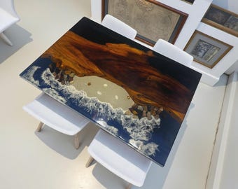 Handmade Ocean Wave Epoxy Resin Table: Live Edge Walnut Wood Desk