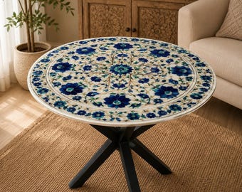 Couchtisch aus weißem Marmor mit Metallgestell, Lapislazuli-Einlegearbeit (Pietra Dura), Edelstein-Wohndekoration