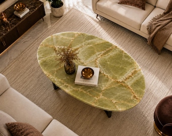 Ovaler Couchtisch aus grünem Onyx, handgefertigtes Sofa-Mittelstück aus Heilkristallen, moderne Steinmöbel für die Flurdekoration