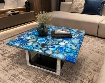 Square Blue Agate Stone Coffee Table | Handmade Gemstone Furniture | Luxury Living Room & Garden Decor