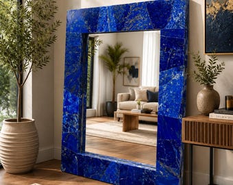 Lapis Lazuli Stone Wall Hanging Mirror | Handmade Gemstone Decorative Mirror | Luxury Blue Crystal Decor