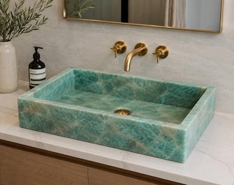 Handmade Amazonite Stone Vessel Sink | Rectangle Crystal Wash Basin | Luxury Gemstone Bathroom Vanity Sink Decor