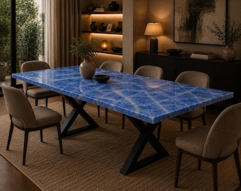 Rechteckiger Esstisch aus blauem Onyx – Luxus-Edelstein, modernes handgefertigtes Naturmöbel-Dekor