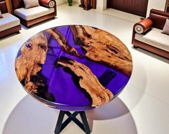 Paarse salontafel epoxyhars: acaciahout levende rand, moderne handgemaakte meubels