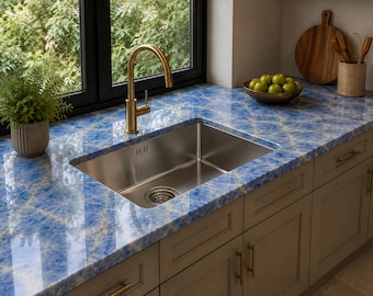 Küchenarbeitsplatte aus blauem Onyxstein, handgefertigte Luxus-Naturmöbel, individuelle Kücheninsel und Inneneinrichtung