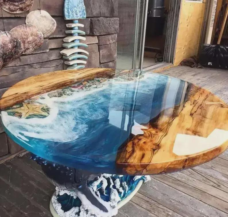 Elegant Round Ocean Wave Epoxy Resin Coffee Table Natural Acacia Wooden Live Edge Console Bar Desk Luxury Modern Arts Hallway Furniture Deco