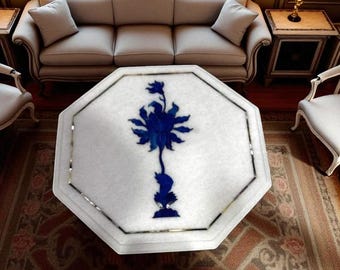 Handmade White Marble Coffee Table: Lapis Floral Inlay, Pietra Dura Art