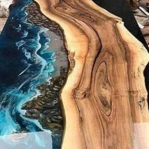 ocean wave epoxy resin dining table top, handmade live edge wood resin dining table, blue river epoxy wooden dining table