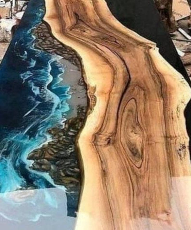 ocean wave epoxy resin dining table top, handmade live edge wood resin dining table, blue river epoxy wooden dining table