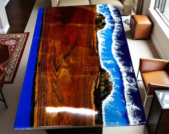 Ocean Blue Epoxy Resin Table Top: Handmade Natural Wood Farmhouse Decor