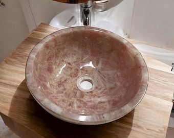Ręcznie robiona umywalka z różowego kwarcu – okrągła umywalka łazienkowa