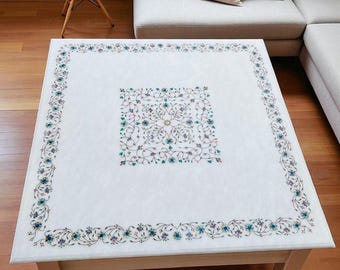 36" Square White Marble Coffee Table: Abalone & Gemstone Inlay