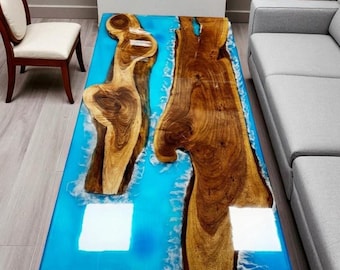 Blue Resin River Dining Table: Live Edge Wood, Mid-Century Modern