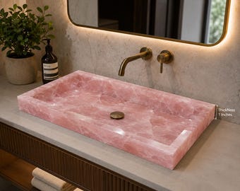Rectangle Rose Quartz Vessel Sink | Handmade Pink Crystal Wash Basin | Luxury Gemstone Bathroom Vanity Sink Decor