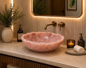 Luxury Rose Quartz Crystal Vessel Sink | Handmade Pink Gemstone Bathroom Basin | Natural Stone Vanity Wash Bowl | Elegant Home Decor