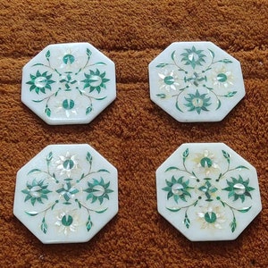 Natural Coasters Handmade Semiprecious Stone Marble Inlay Art, Marble Coasters Set Inlay With Natural Stones, Living Room Coaster