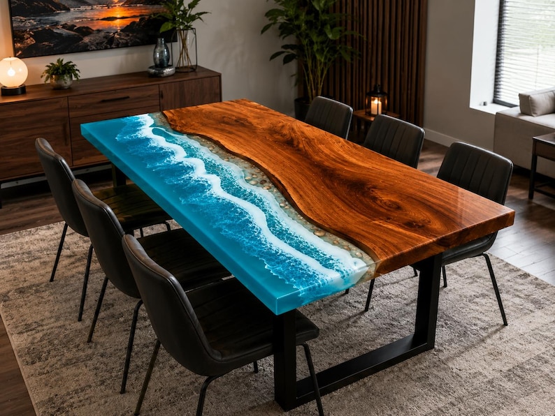 Ocean Wave Epoxy Dining Table, Live Edge Wood River Furniture ...