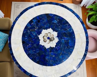White Marble Coffee Table with Lapis & Mother of Pearl Inlay